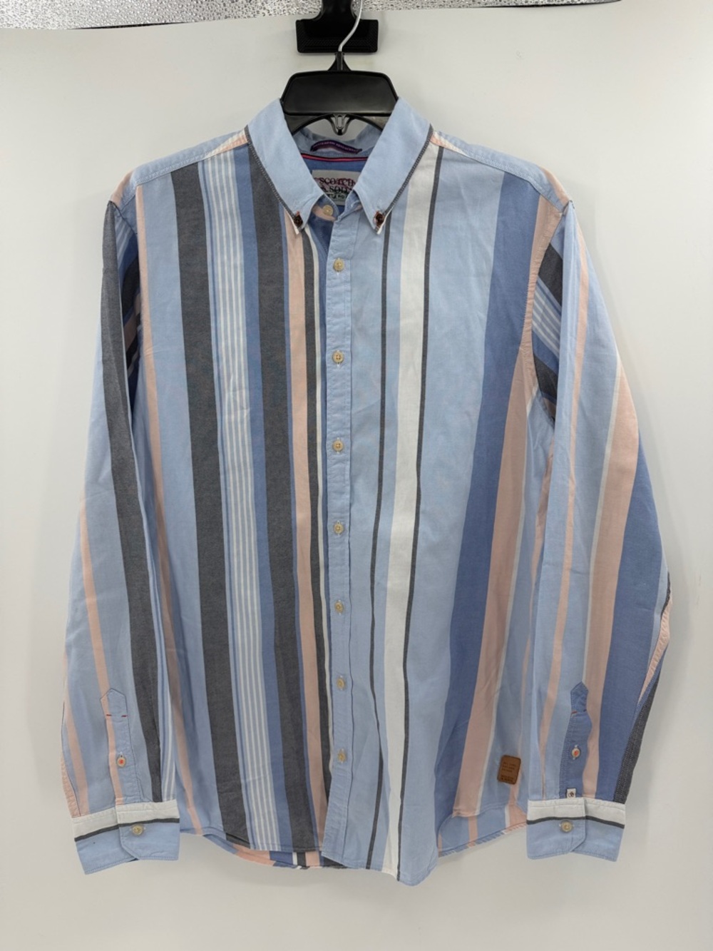 Scotch & Soda Men's Long Sleeve Button Down Stripe Shirt - Blue/Peach - Medium